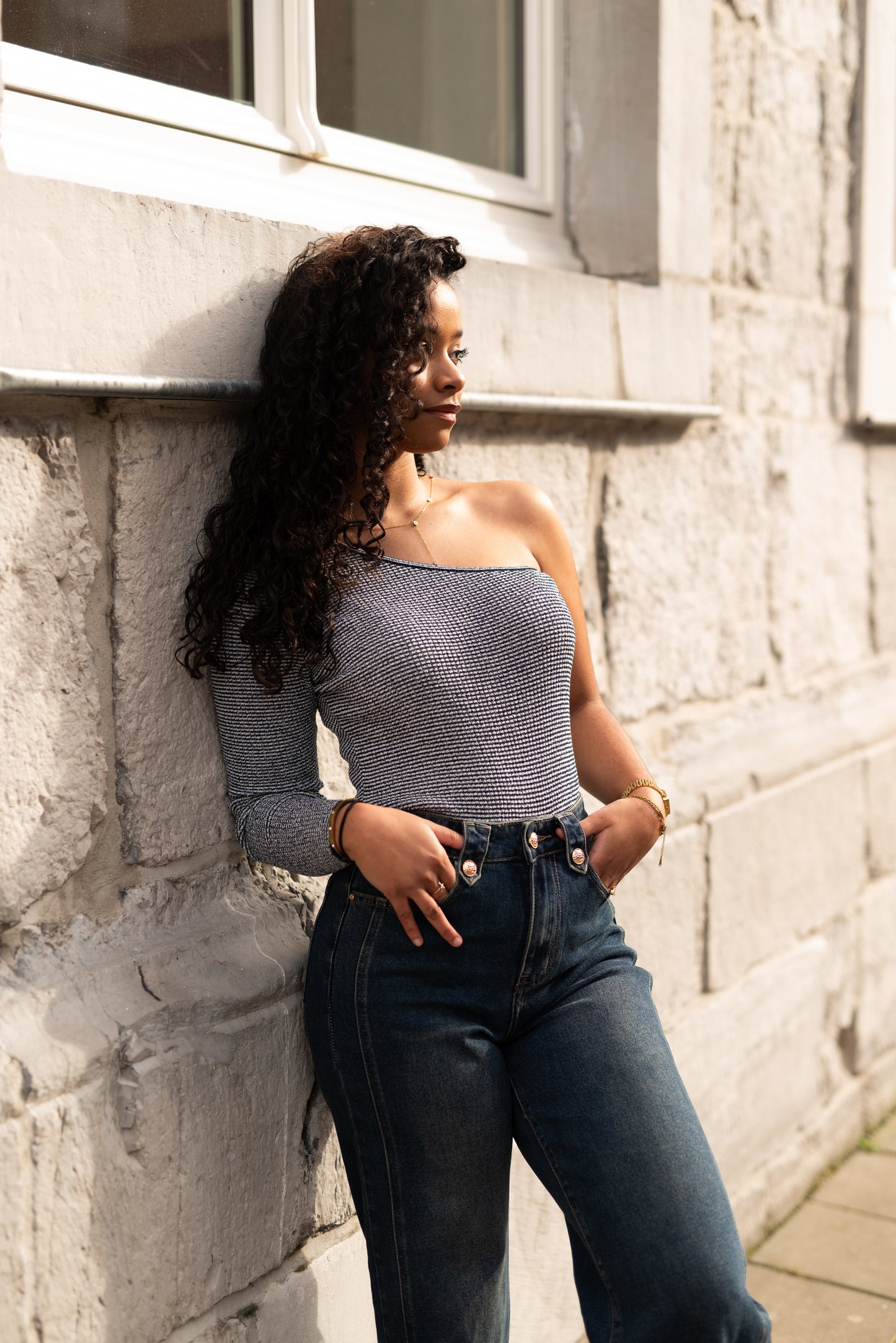 Navy striped one shoulder top