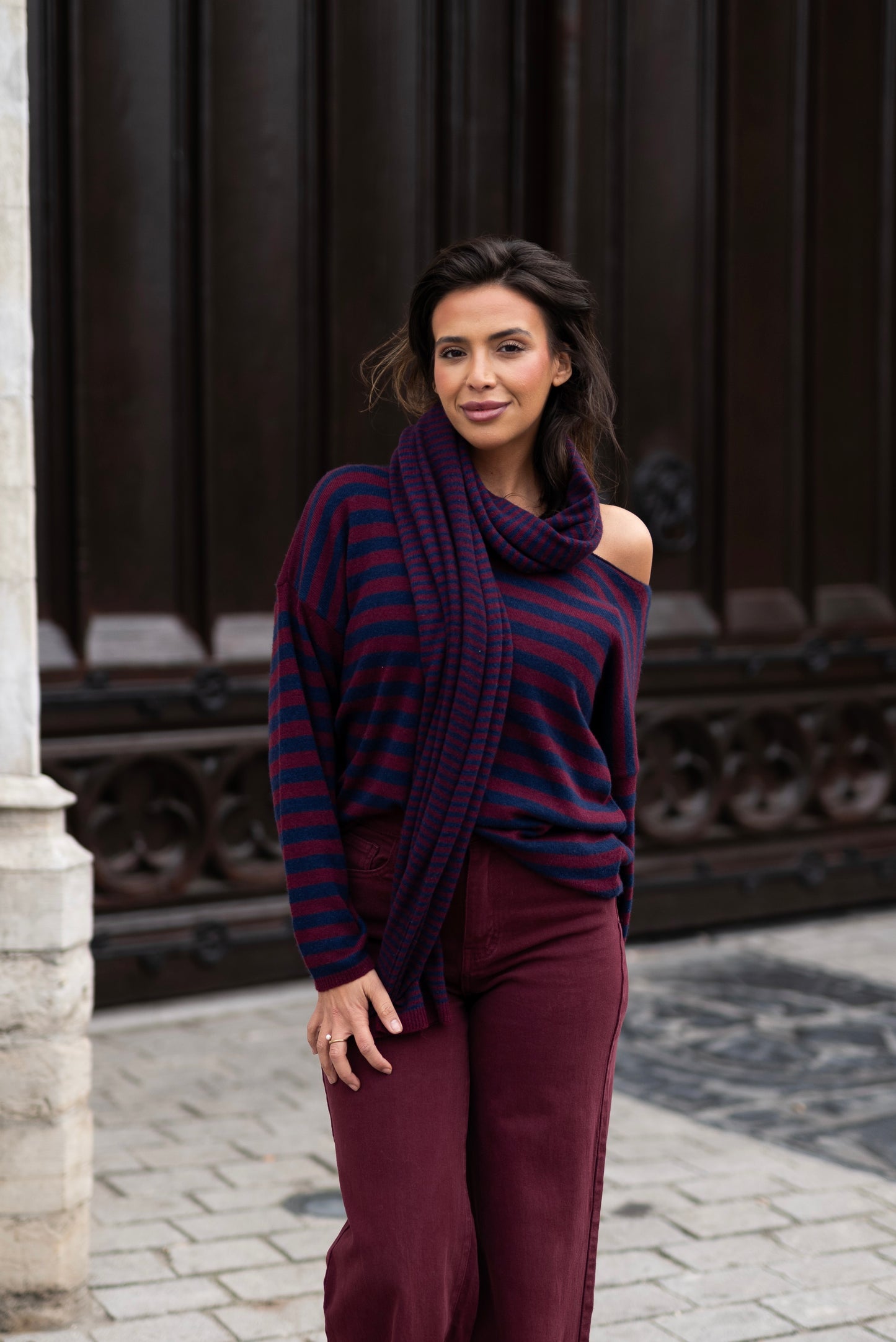 Gestreepte sjaal navy/ bordeaux