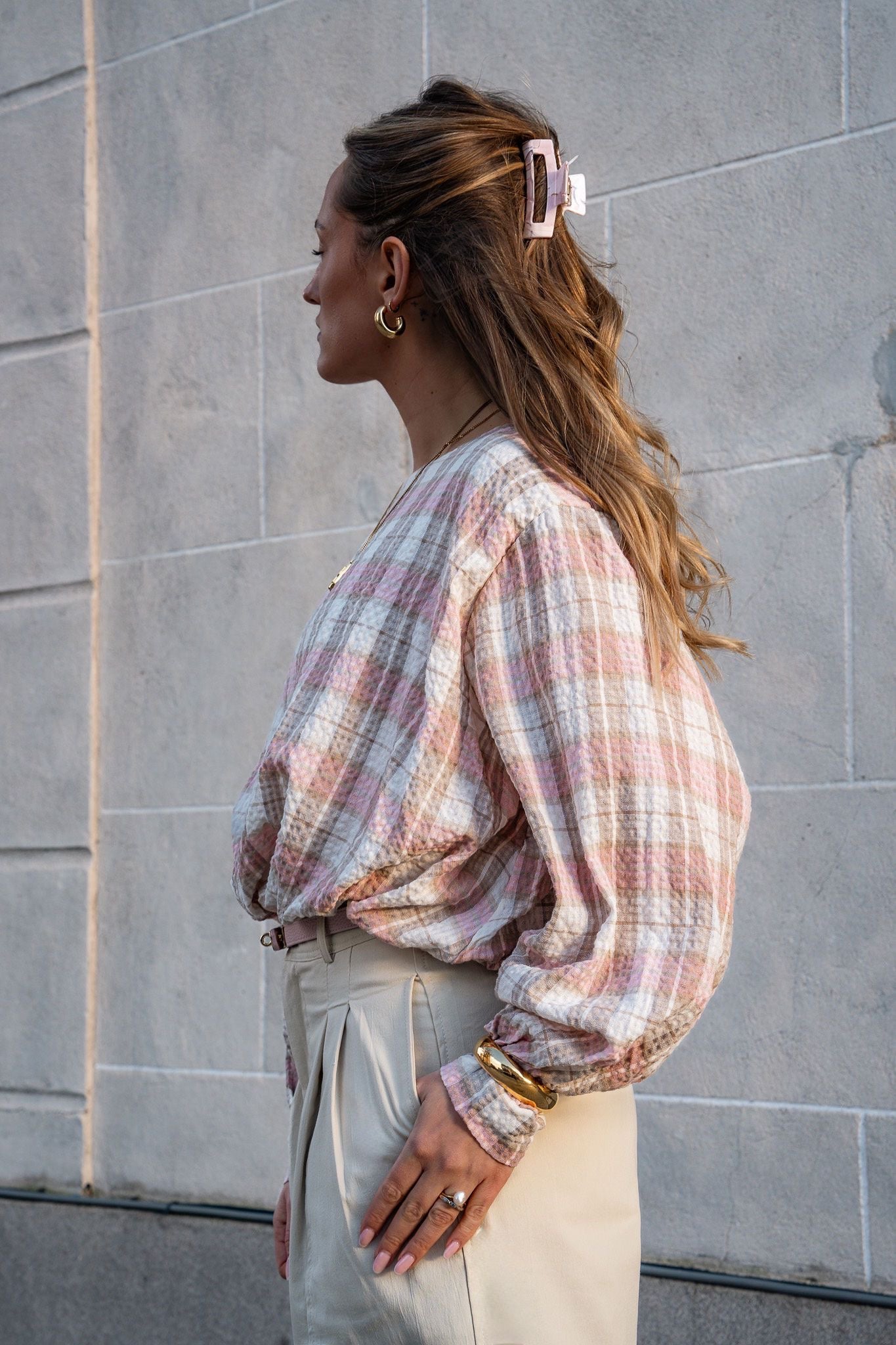 Geruite blouse roos