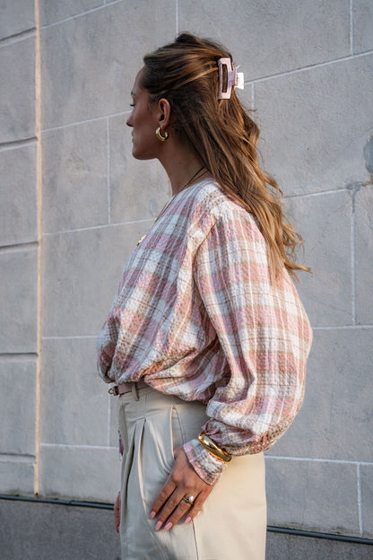 Geruite blouse roos