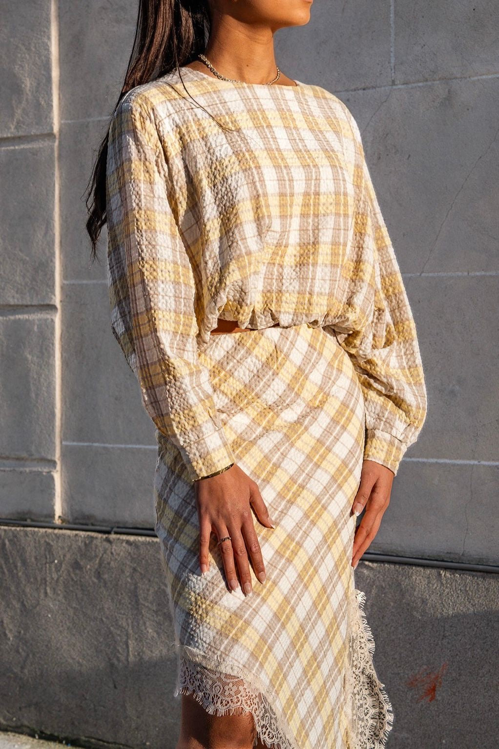 Geruite blouse geel